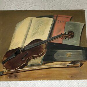 mid century oil painting . mid-century painting . violin . original oil paint